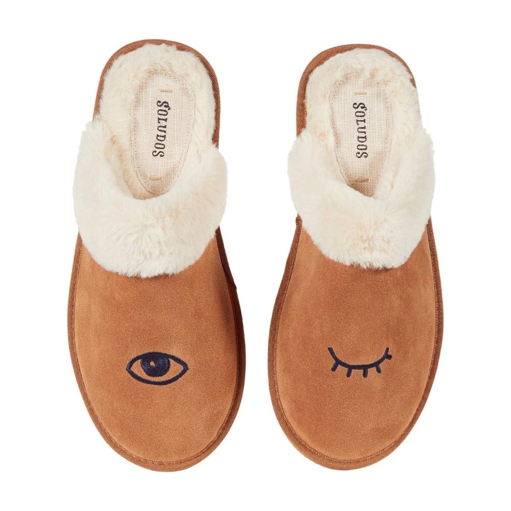 New Soludos Wink Cozy Slippers Genuine Tan Suede Leather Faux Fur Comfort NIB